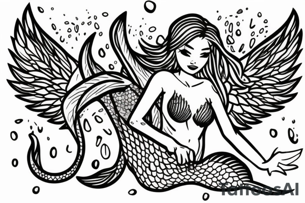 a mermaid with dragon wings and sitting on a rock tattoo idea