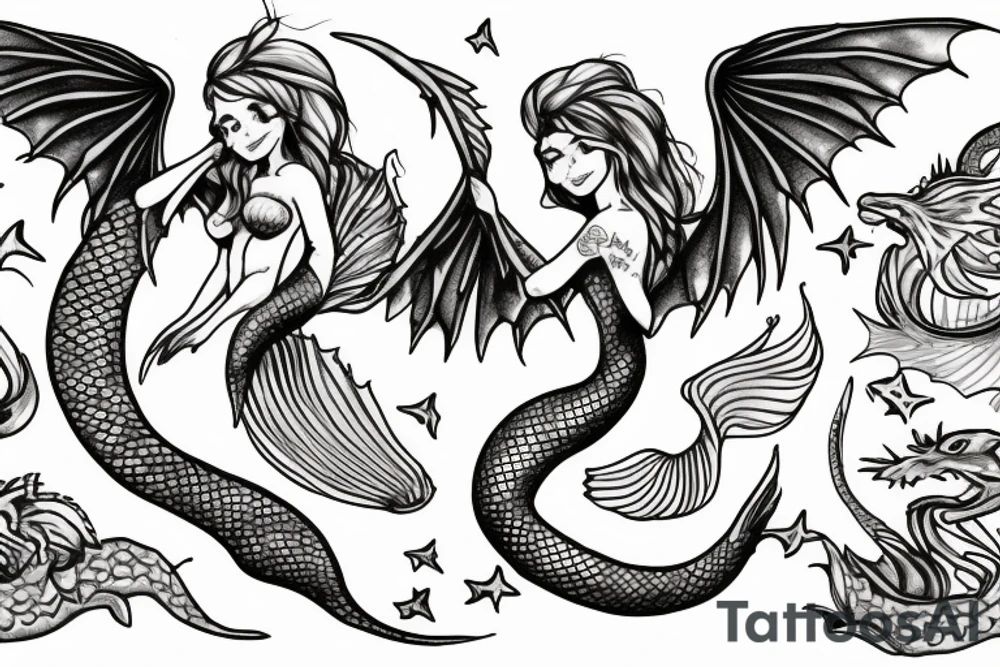 a mermaid with dragon wings sitting on a rock tattoo idea