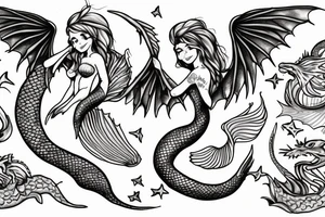 a mermaid with dragon wings sitting on a rock tattoo idea