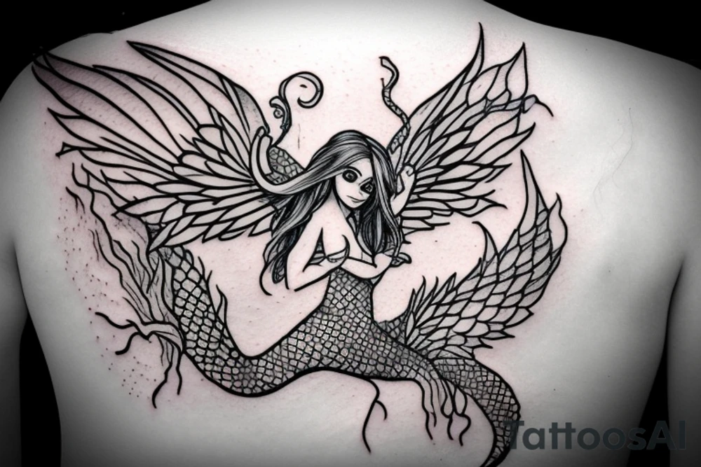 a mermaid with dragon wings sitting on a rock tattoo idea
