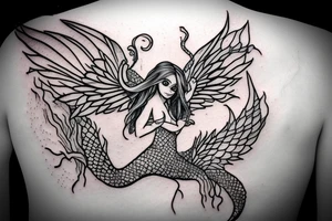 a mermaid with dragon wings sitting on a rock tattoo idea