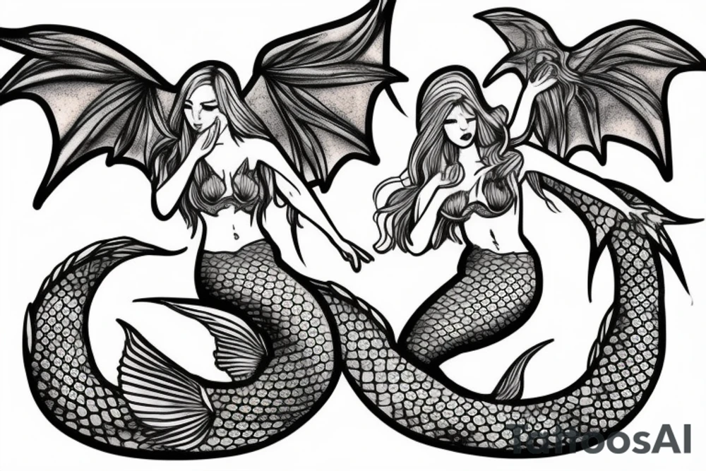 a mermaid with dragon wings sitting on a rock tattoo idea
