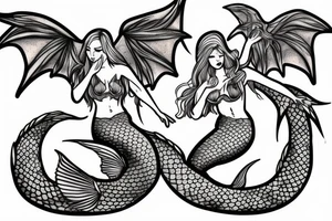 a mermaid with dragon wings sitting on a rock tattoo idea