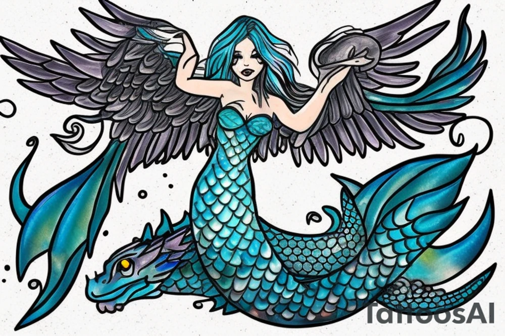 a mermaid with dragon wings sitting on a rock tattoo idea
