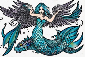 a mermaid with dragon wings sitting on a rock tattoo idea