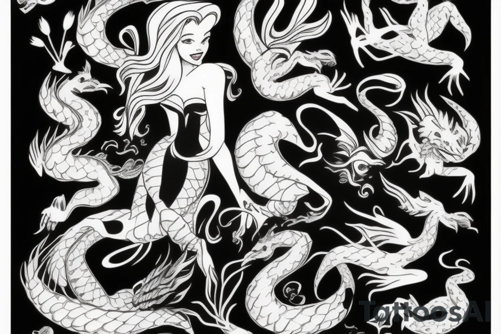 Arial from the little mermaid with dragon wings tattoo idea