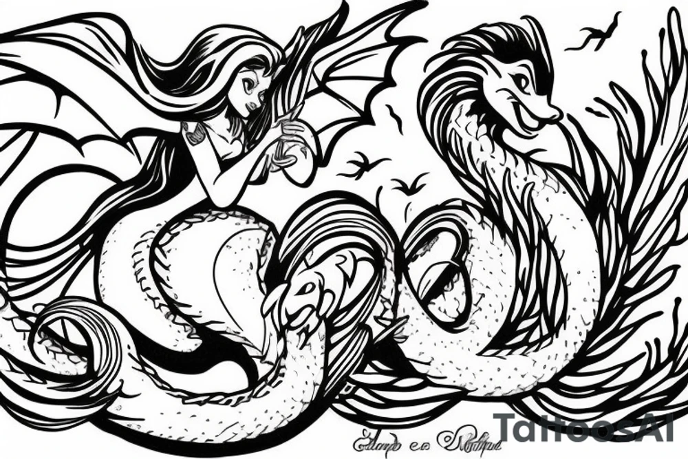 Arial from the little mermaid with dragon wings tattoo idea