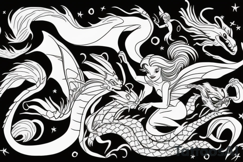 Arial from the little mermaid with dragon wings tattoo idea