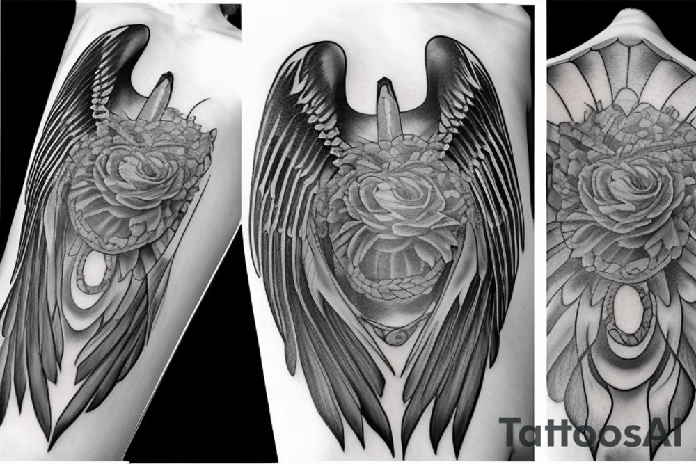 Circle of painted black; crows; angel wings tattoo idea