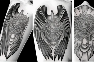 Circle of painted black; crows; angel wings tattoo idea