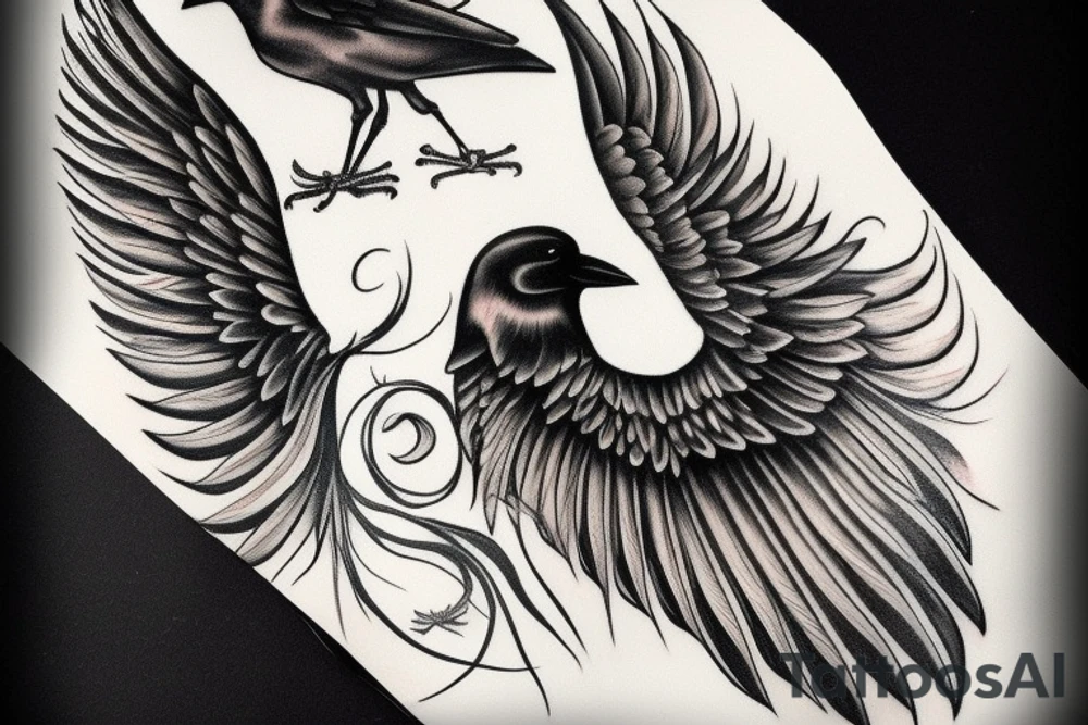 Circle of painted black; crows; angel wings tattoo idea