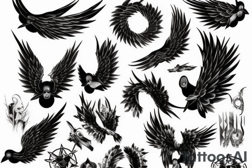 Circle of painted black; crows; angel wings tattoo idea