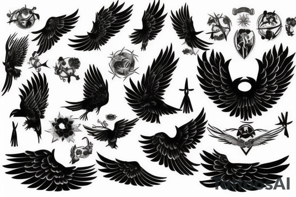 Circle of painted black; crows; angel wings tattoo idea