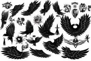 Circle of painted black; crows; angel wings tattoo idea