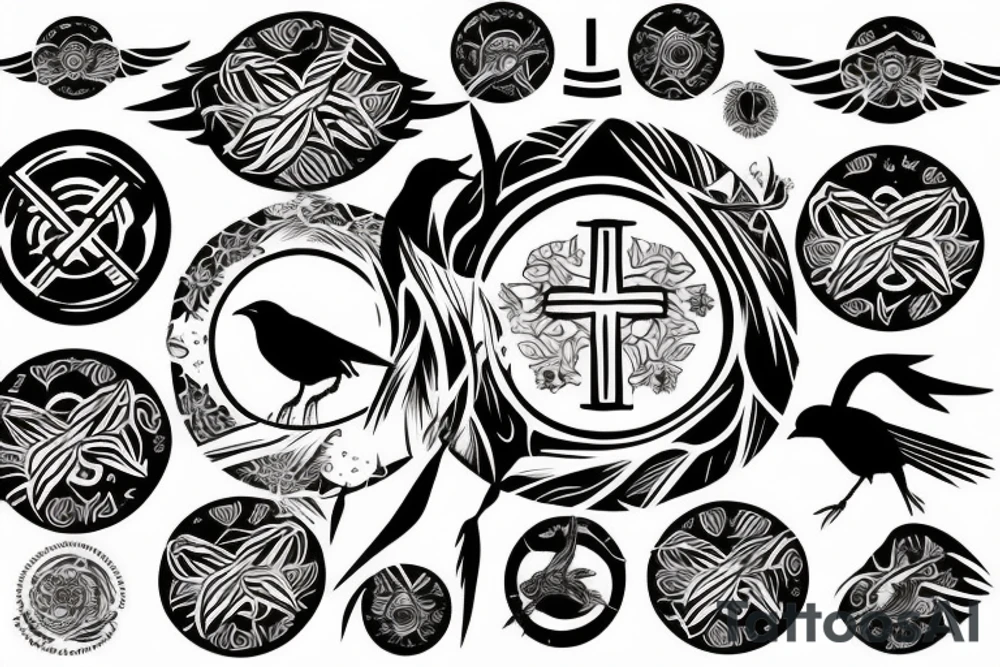 Black circle; crow fly through circle; cross in circle tattoo idea