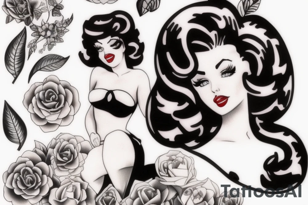 Pin up girl blue eyes dark hair tattoo idea