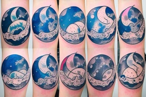 Moon phases in a Japanese watercoloured artstyle as an arm tattoo tattoo idea