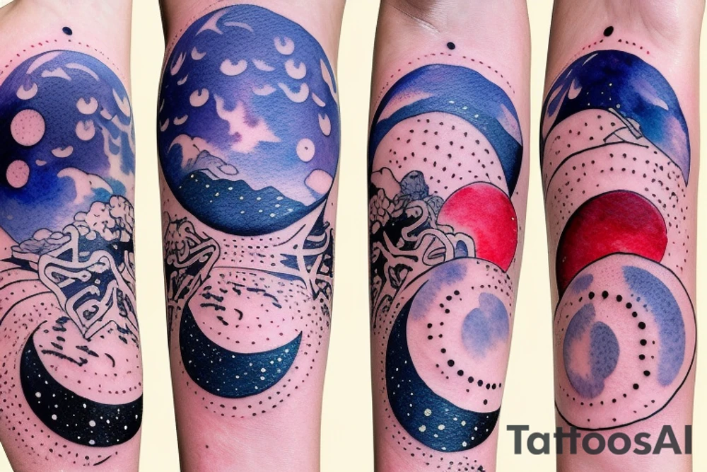 Moon phases in a Japanese watercoloured artstyle as an arm tattoo tattoo idea