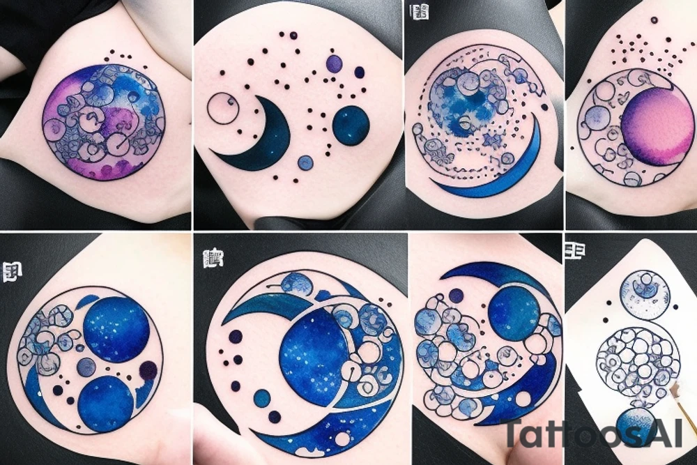Moon phases in a Japanese watercoloured artstyle with dot work for the sky around as an arm tattoo tattoo idea