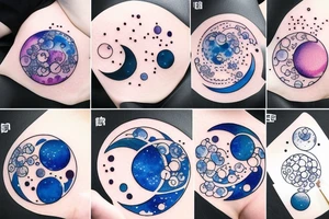 Moon phases in a Japanese watercoloured artstyle with dot work for the sky around as an arm tattoo tattoo idea