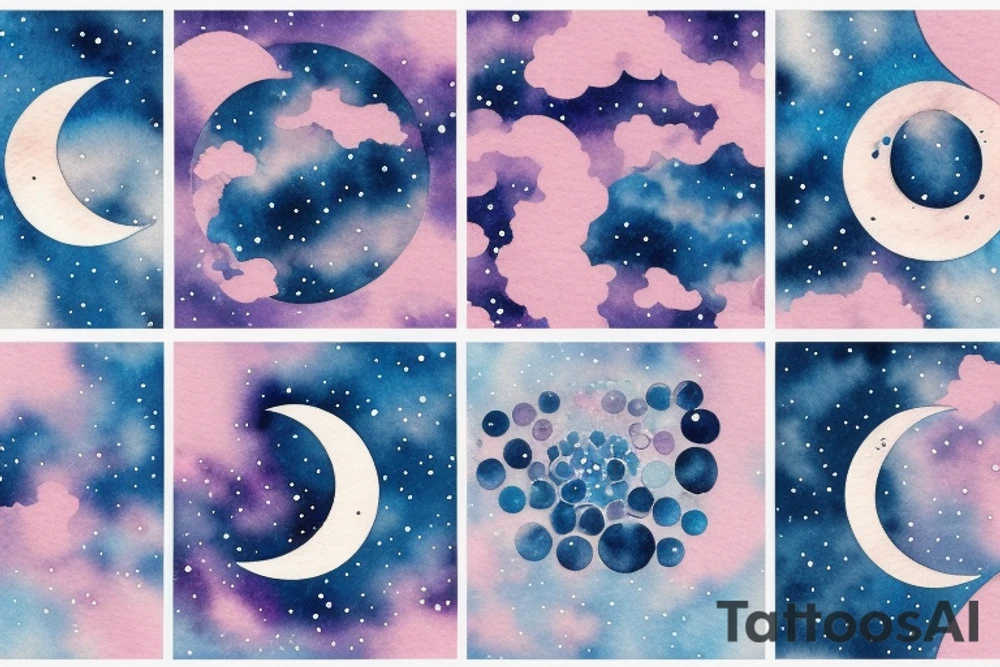 Moon phases in a Japanese watercoloured artstyle with dot work for the sky around as an arm tattoo tattoo idea