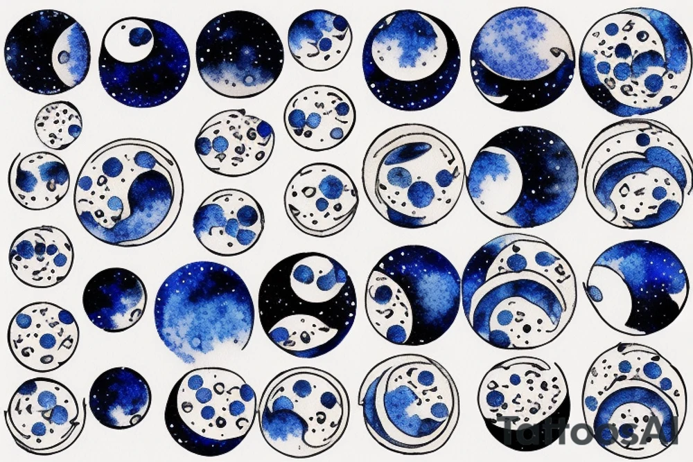 Moon phases in a Japanese watercoloured artstyle with dot work for the sky around as an arm tattoo tattoo idea