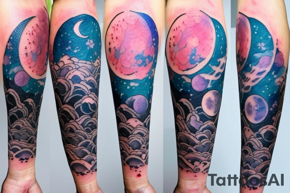 Moon phases in a Japanese watercoloured artstyle as an arm tattoo tattoo idea