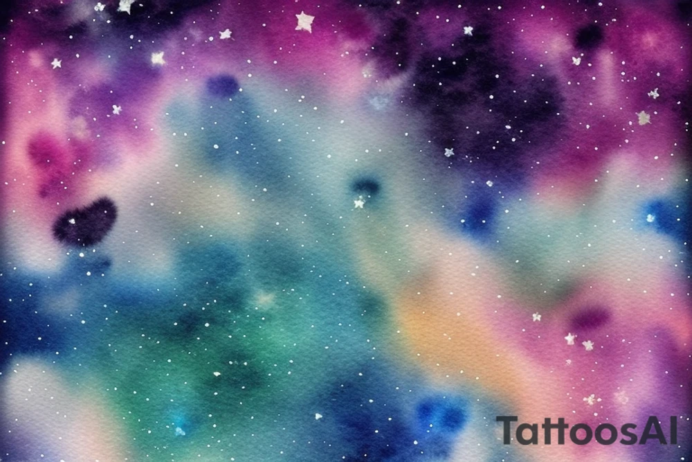Floating city silhouette over a watercolour galaxy sky. In the shape of a diamond as an arm tattoo tattoo idea