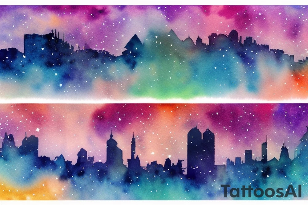 Floating city silhouette over a watercolour galaxy sky. In the shape of a diamond as an arm tattoo tattoo idea