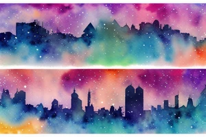 Floating city silhouette over a watercolour galaxy sky. In the shape of a diamond as an arm tattoo tattoo idea