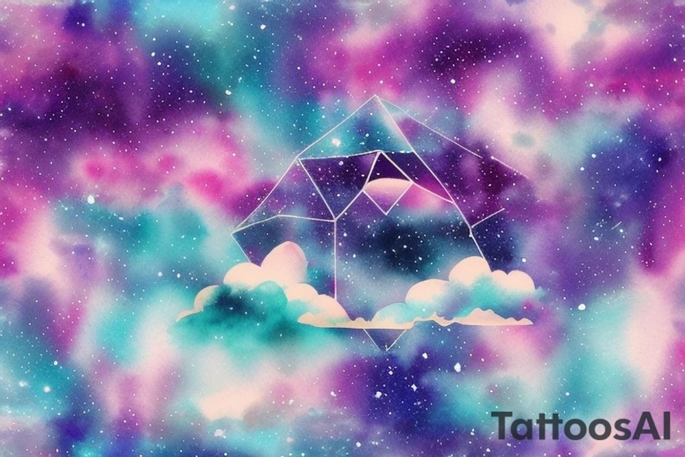 Floating city silhouette over a watercolour galaxy sky. In the shape of a diamond as an arm tattoo tattoo idea