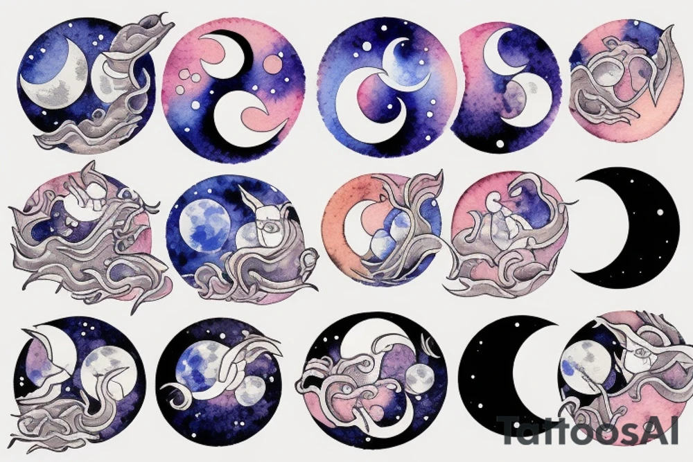 Moon phases in a Japanese watercoloured artstyle tattoo idea