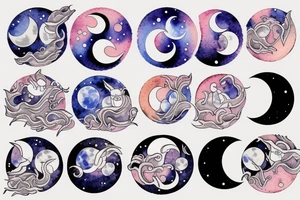 Moon phases in a Japanese watercoloured artstyle tattoo idea