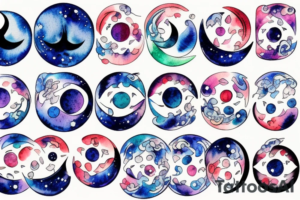 Moon phases in a Japanese watercoloured artstyle tattoo idea