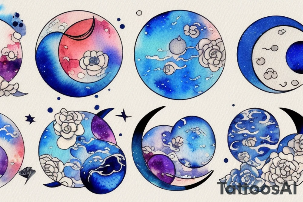 Moon phases in a Japanese watercoloured artstyle tattoo idea