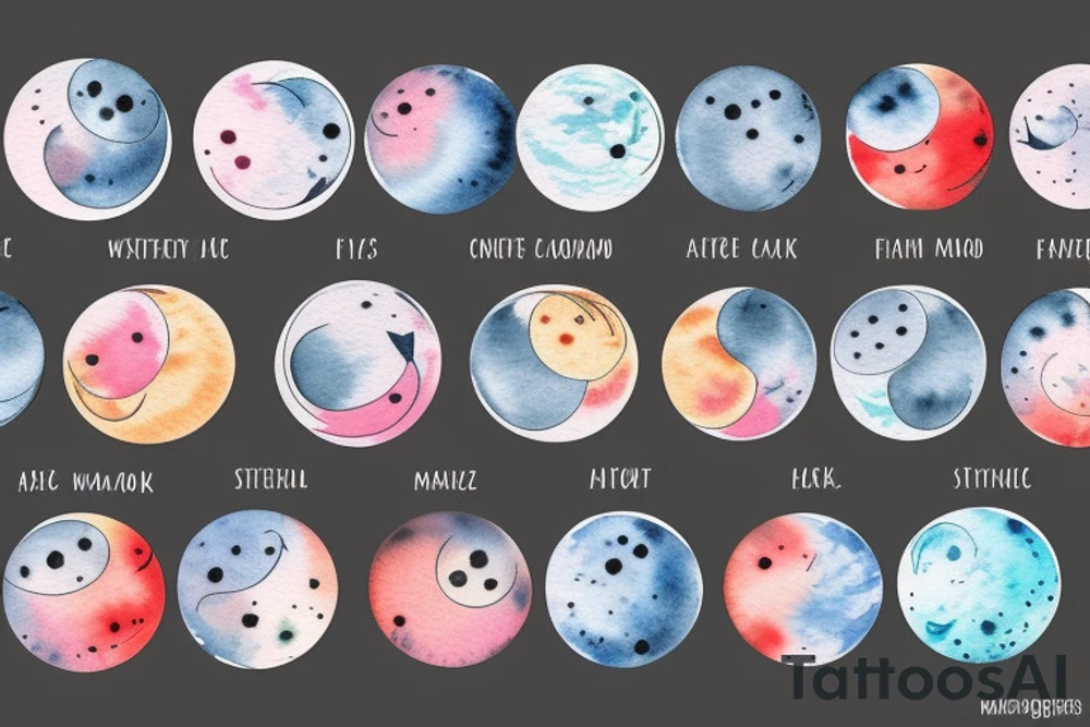 Moon phases in a Japanese watercoloured artstyle tattoo idea