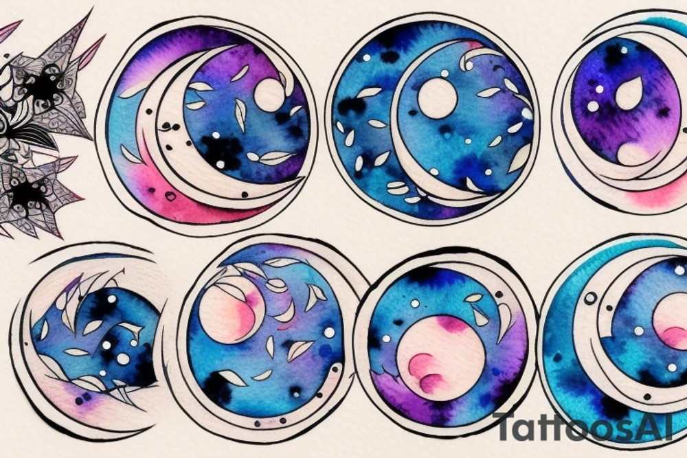 Moon phases in a Japanese watercoloured artstyle tattoo idea