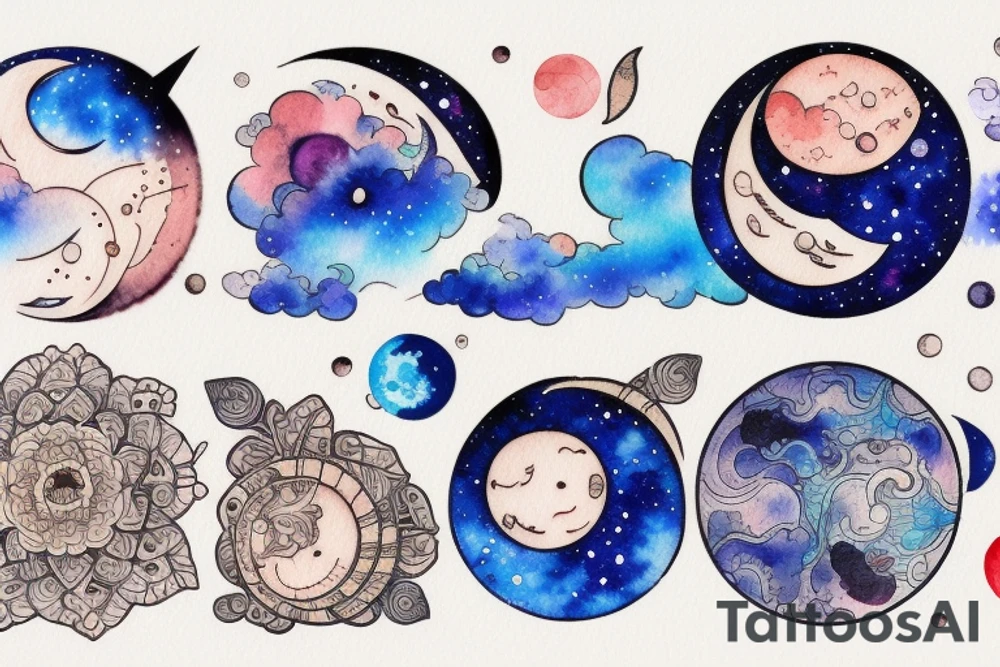 Moon phases in a Japanese watercoloured artstyle tattoo idea