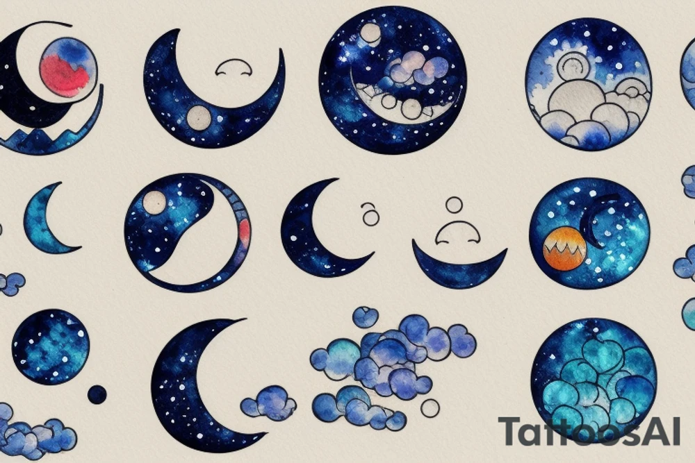 Moon phases in a Japanese watercoloured artstyle tattoo idea