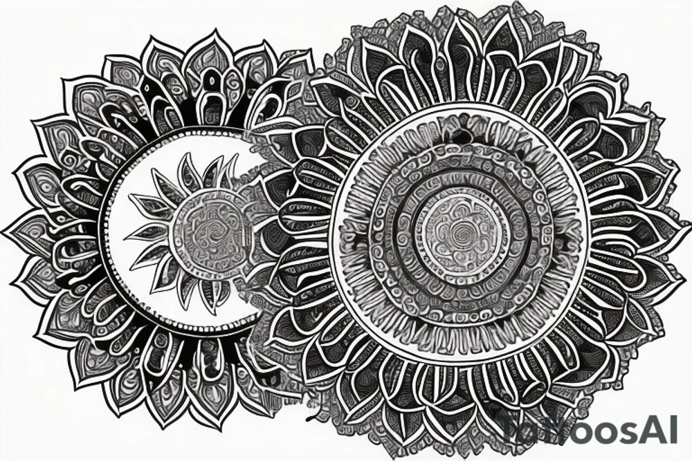 paisley sun, mandala, hyper focused, intricate tattoo idea