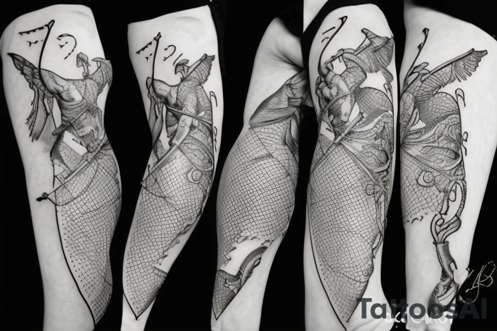 Blindfolded cupid with scales of justice and sword tattoo idea