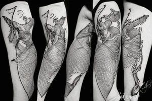 Blindfolded cupid with scales of justice and sword tattoo idea