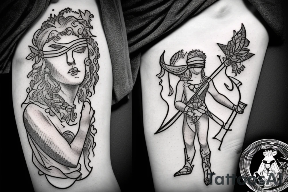 Blindfolded cupid with scales of justice and sword tattoo idea