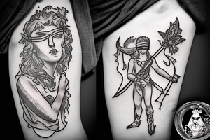 Blindfolded cupid with scales of justice and sword tattoo idea