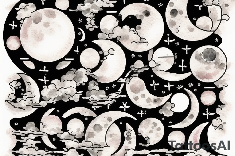 Japanese watercolor moon phases art piece tattoo idea