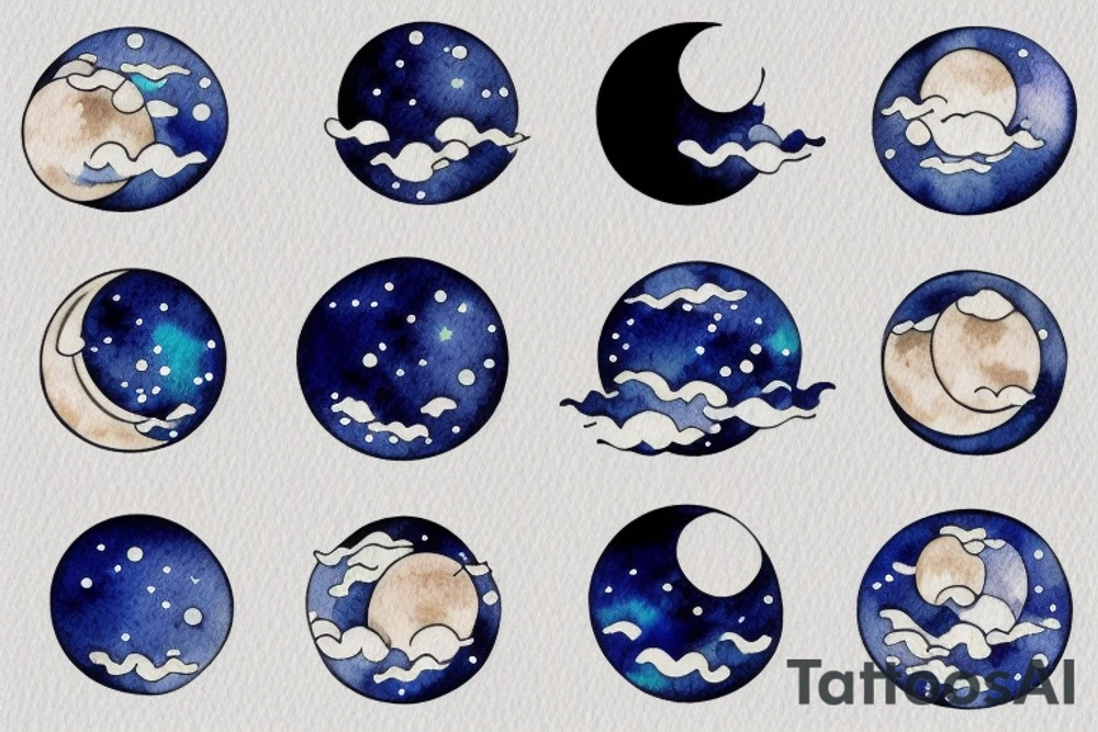Japanese watercolor moon phases art piece tattoo idea