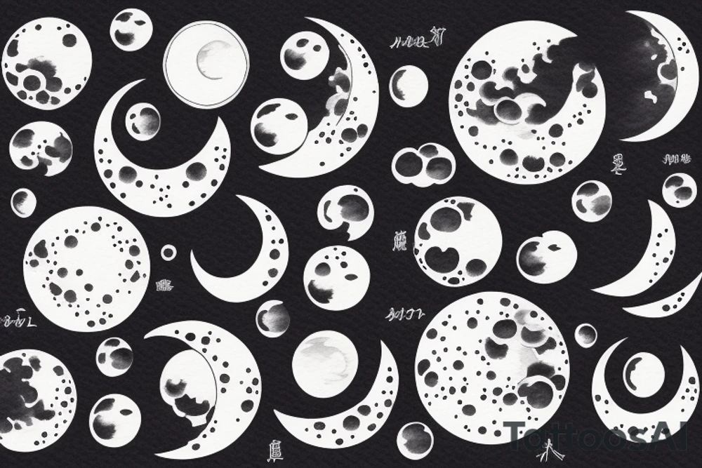 Japanese watercolor all moon phases side by side art piece tattoo idea