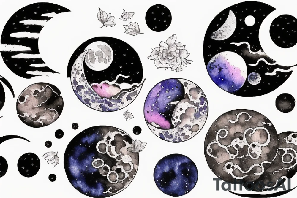 Japanese watercolor all moon phases side by side art piece tattoo idea