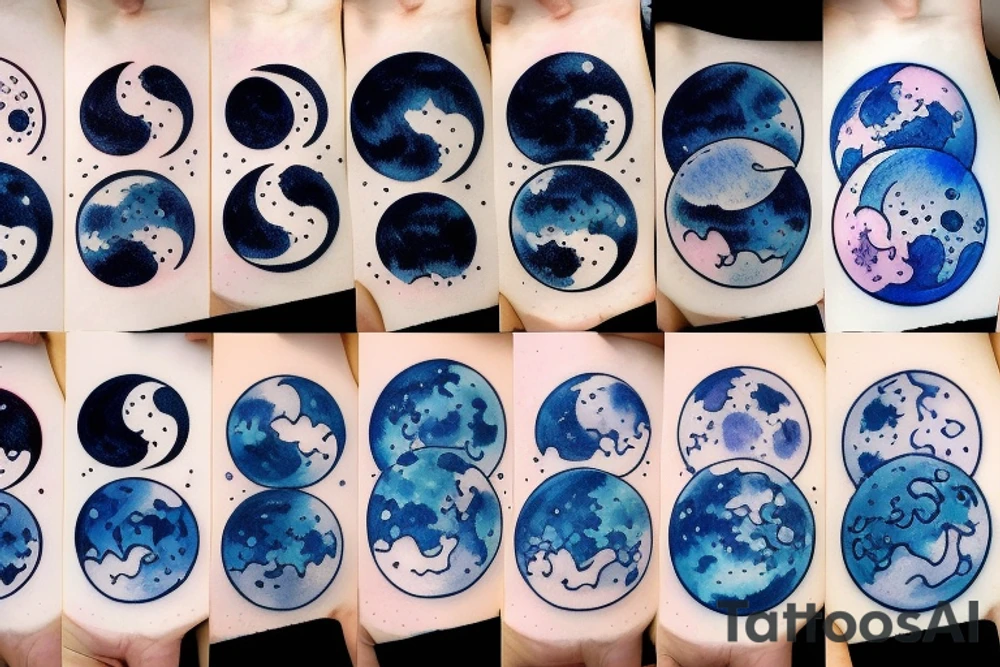 Japanese watercolor all moon phases side by side art piece tattoo idea