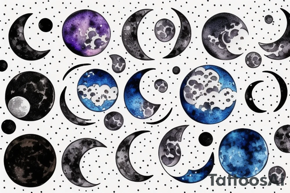 Japanese watercolor all moon phases side by side art piece tattoo idea
